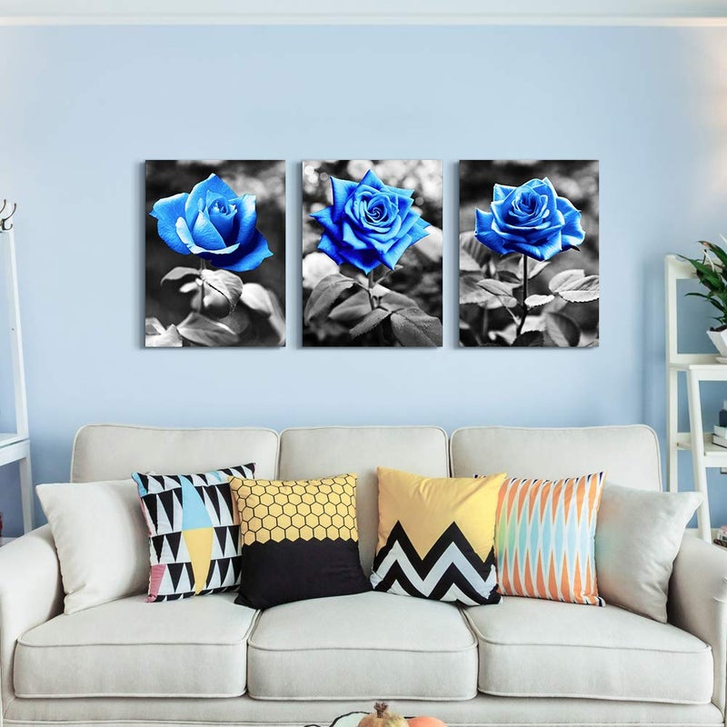 TTHYUEWS bedroom Wall Art for living room bathroom Wall Decor for kitchen family pictures artwork Black and white Blue rose flowers Canvas paintings 16" x 24" 3 Pieces framed Modern office Home decorations - Image 5